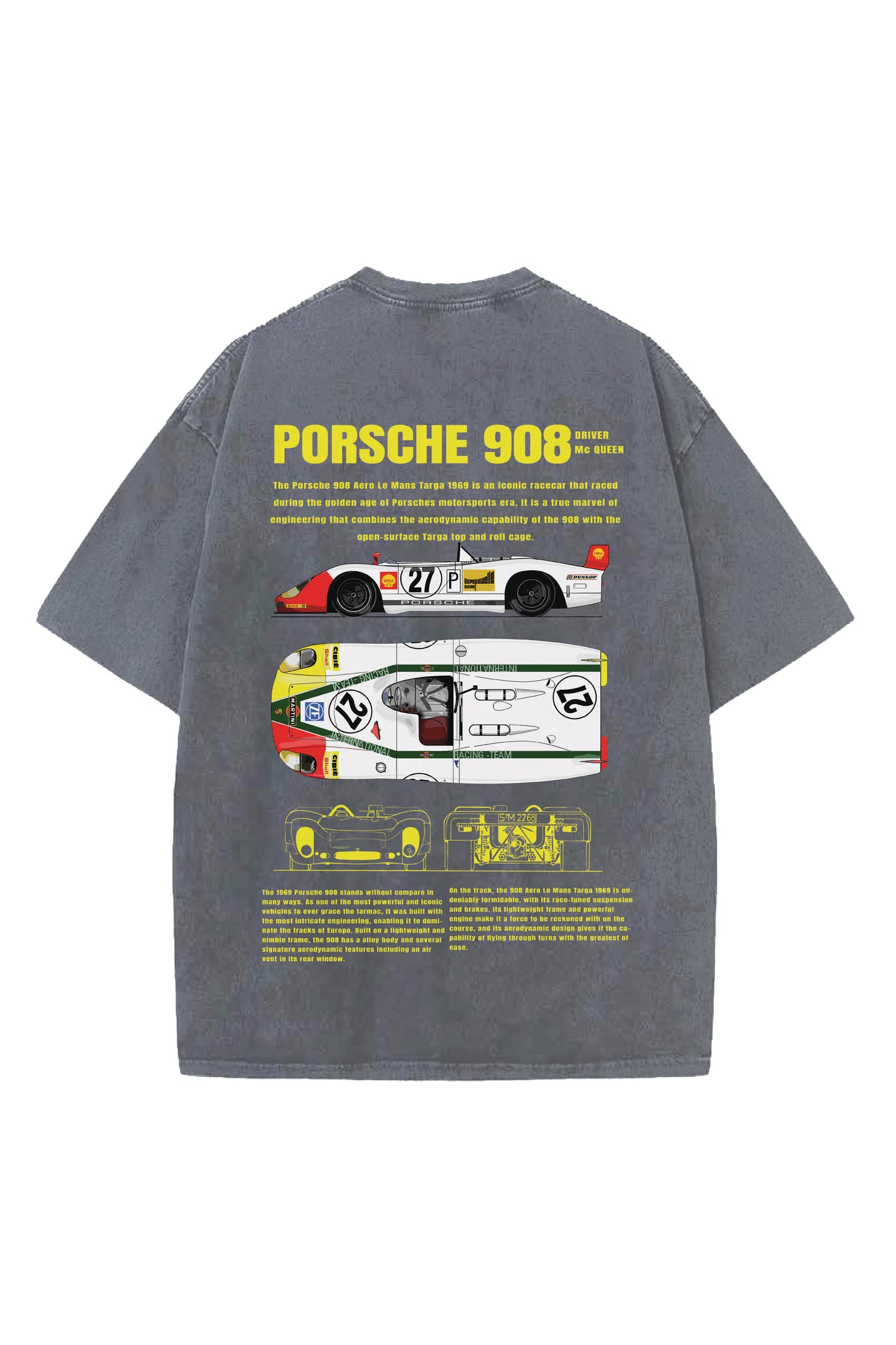 PORSCHE 908 CARS DESIGNED ACID-WASH OVERSIZED T-SHIRT