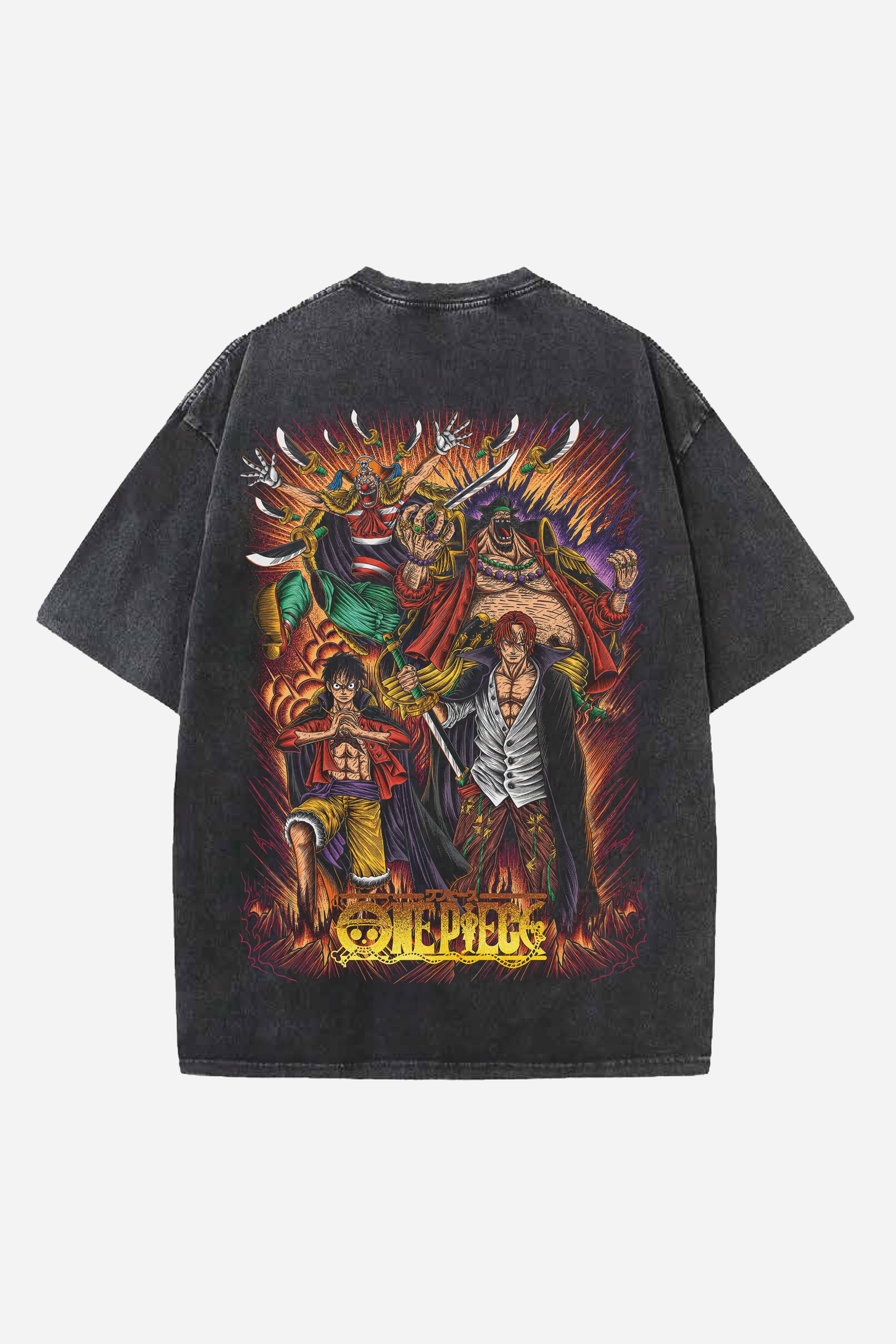 LUFFY SHANKS ANIME DESIGNED ACID-WASH OVERSIZED T-SHIRT