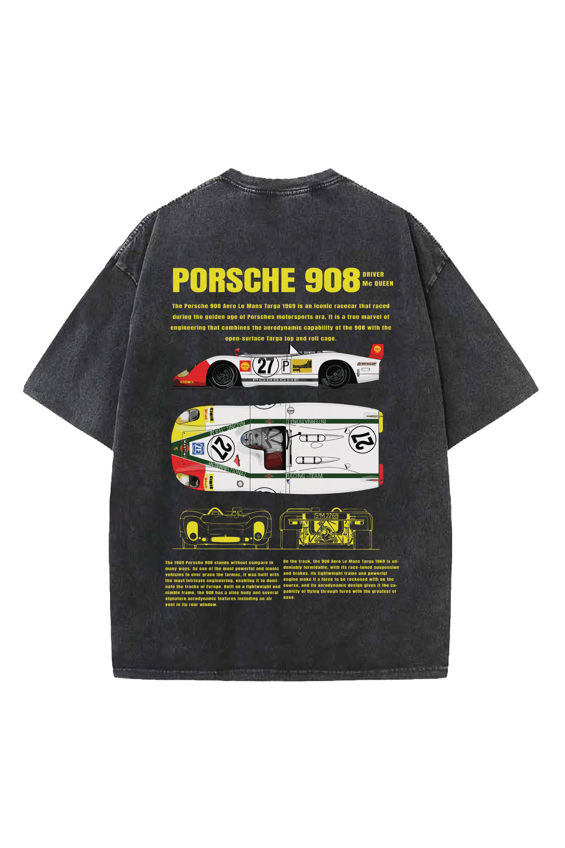 PORSCHE 908 CARS DESIGNED ACID-WASH OVERSIZED T-SHIRT