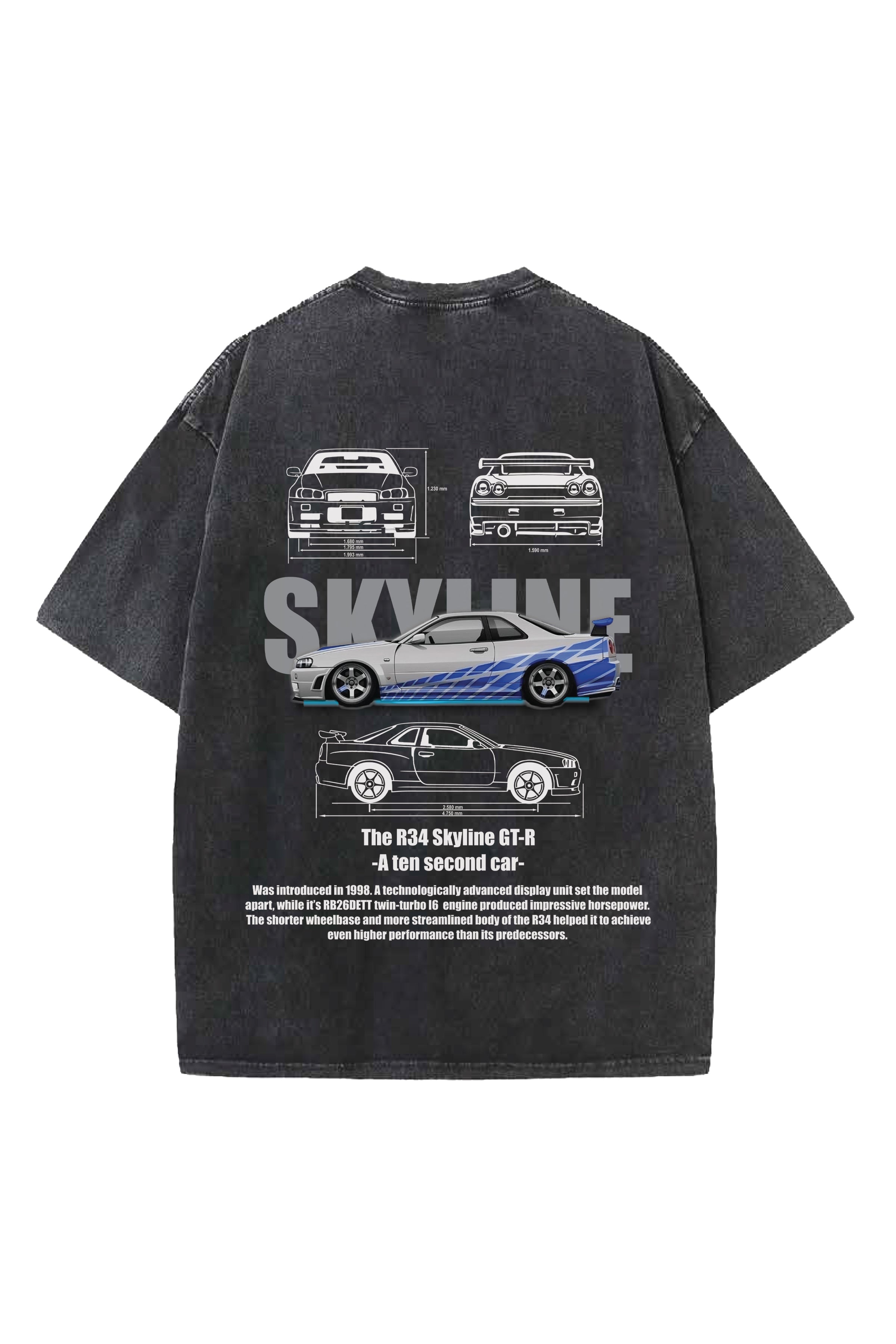 SKYLINE CARS DESIGNED ACID-WASH OVERSIZED T-SHIRT