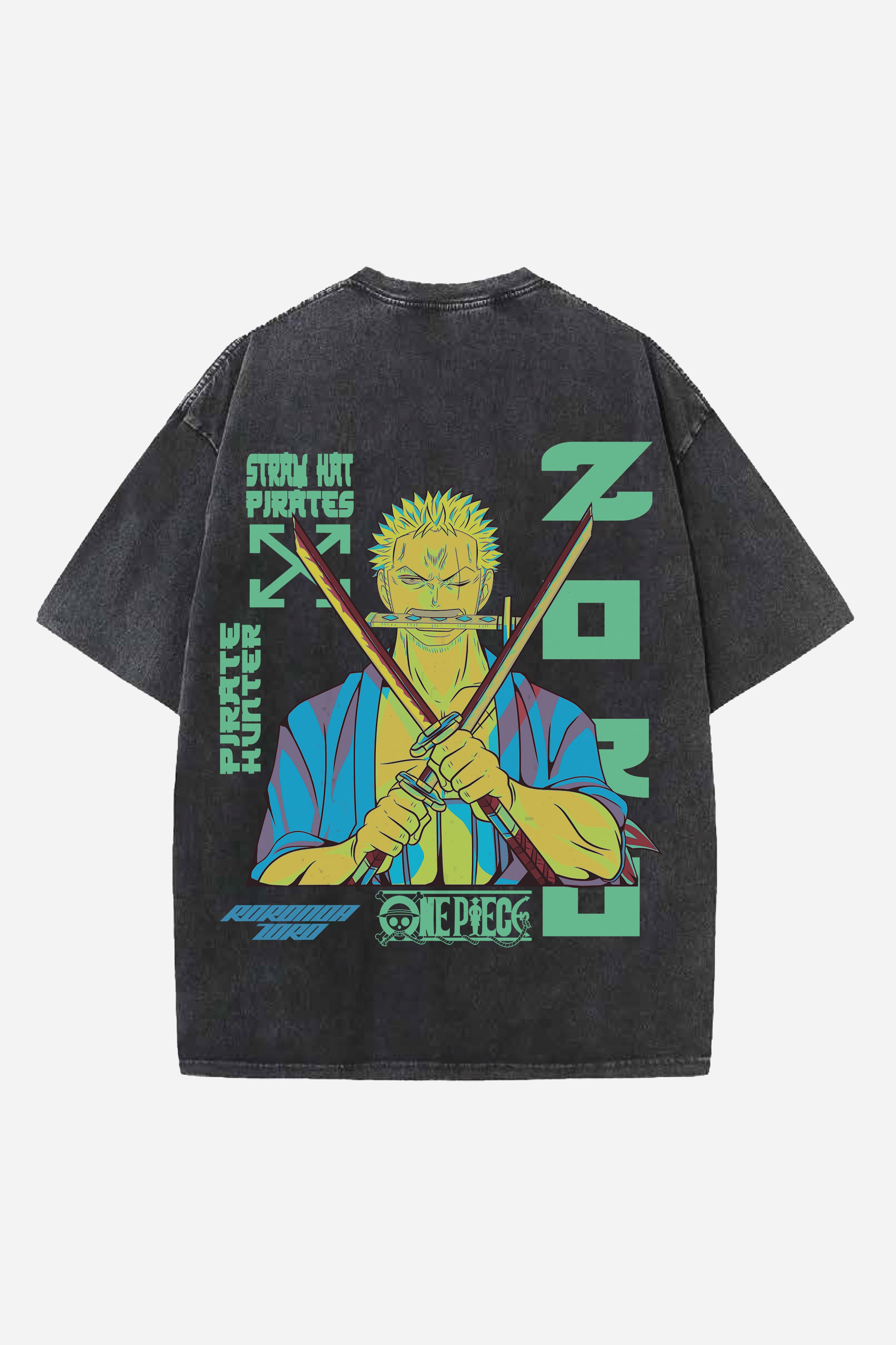 ZORO ANIME DESIGNED ACID-WASH OVERSIZED T-SHIRT