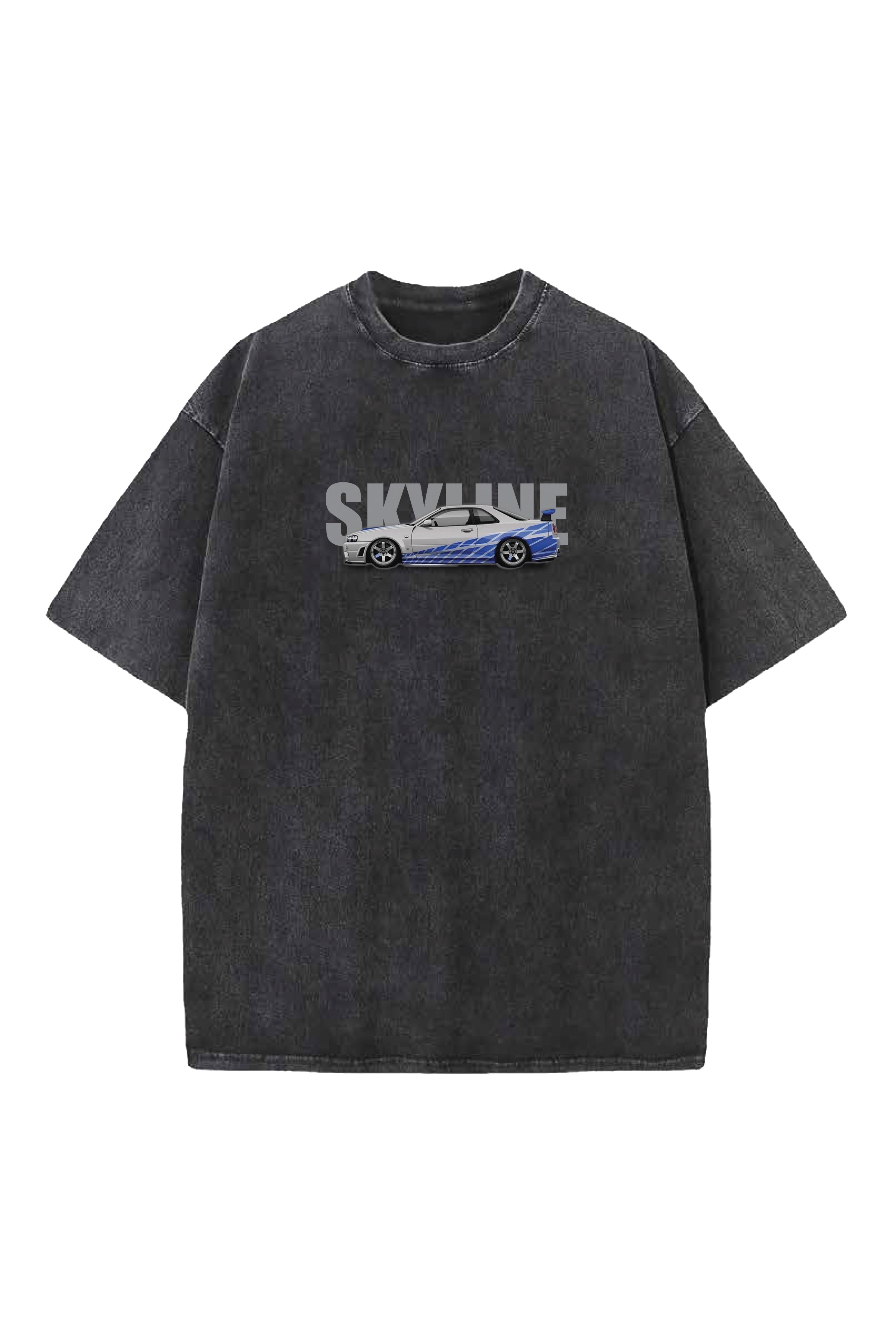 SKYLINE CARS DESIGNED ACID-WASH OVERSIZED T-SHIRT