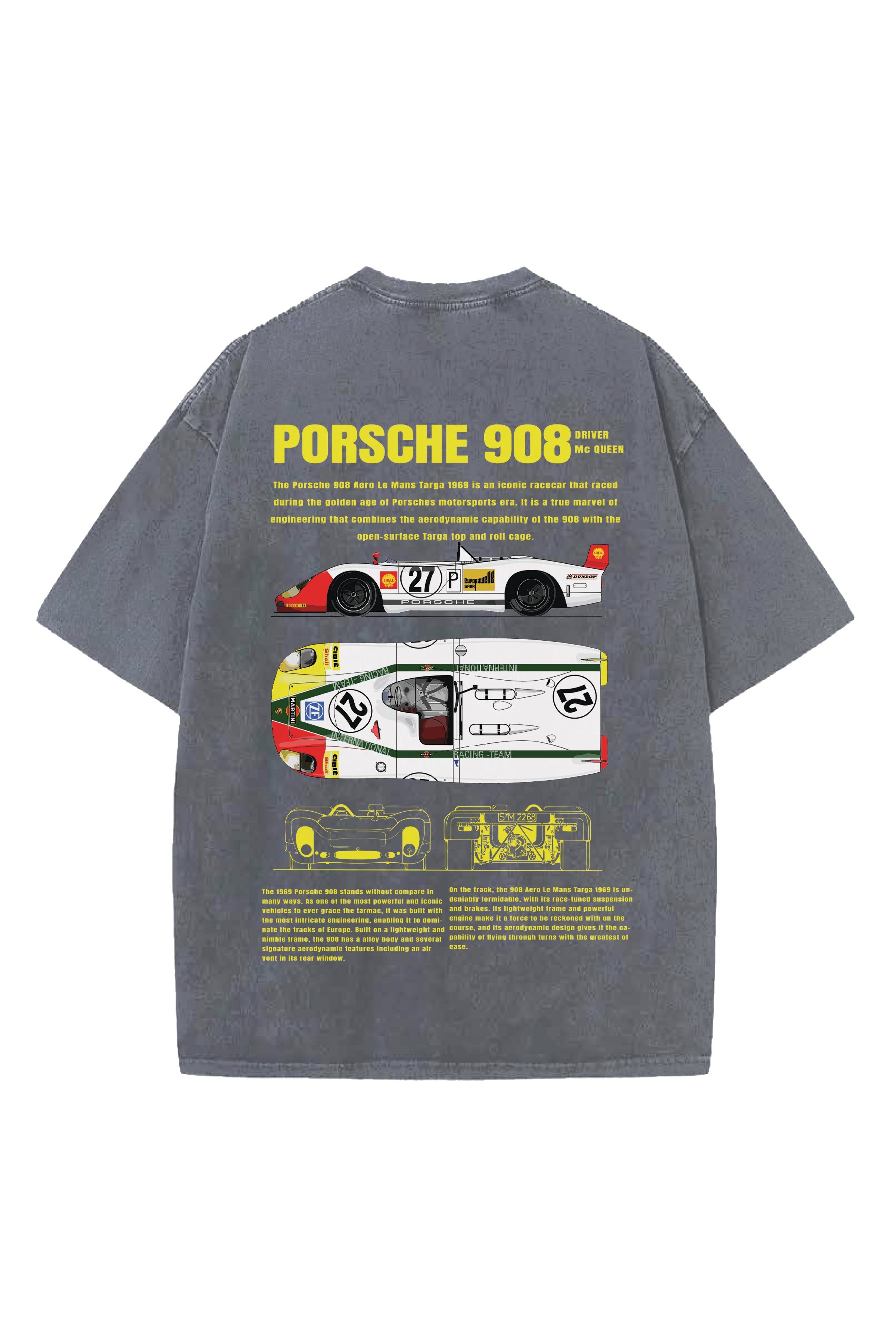 PORSCHE 908 CARS DESIGNED ACID-WASH OVERSIZED T-SHIRT