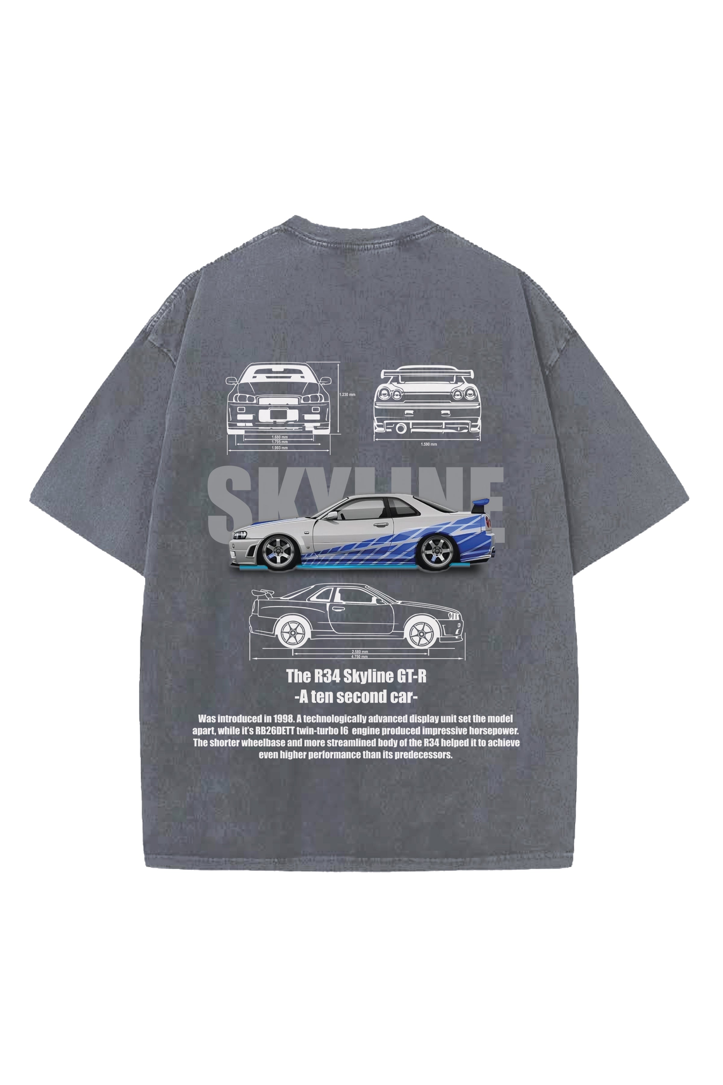 SKYLINE CARS DESIGNED ACID-WASH OVERSIZED T-SHIRT