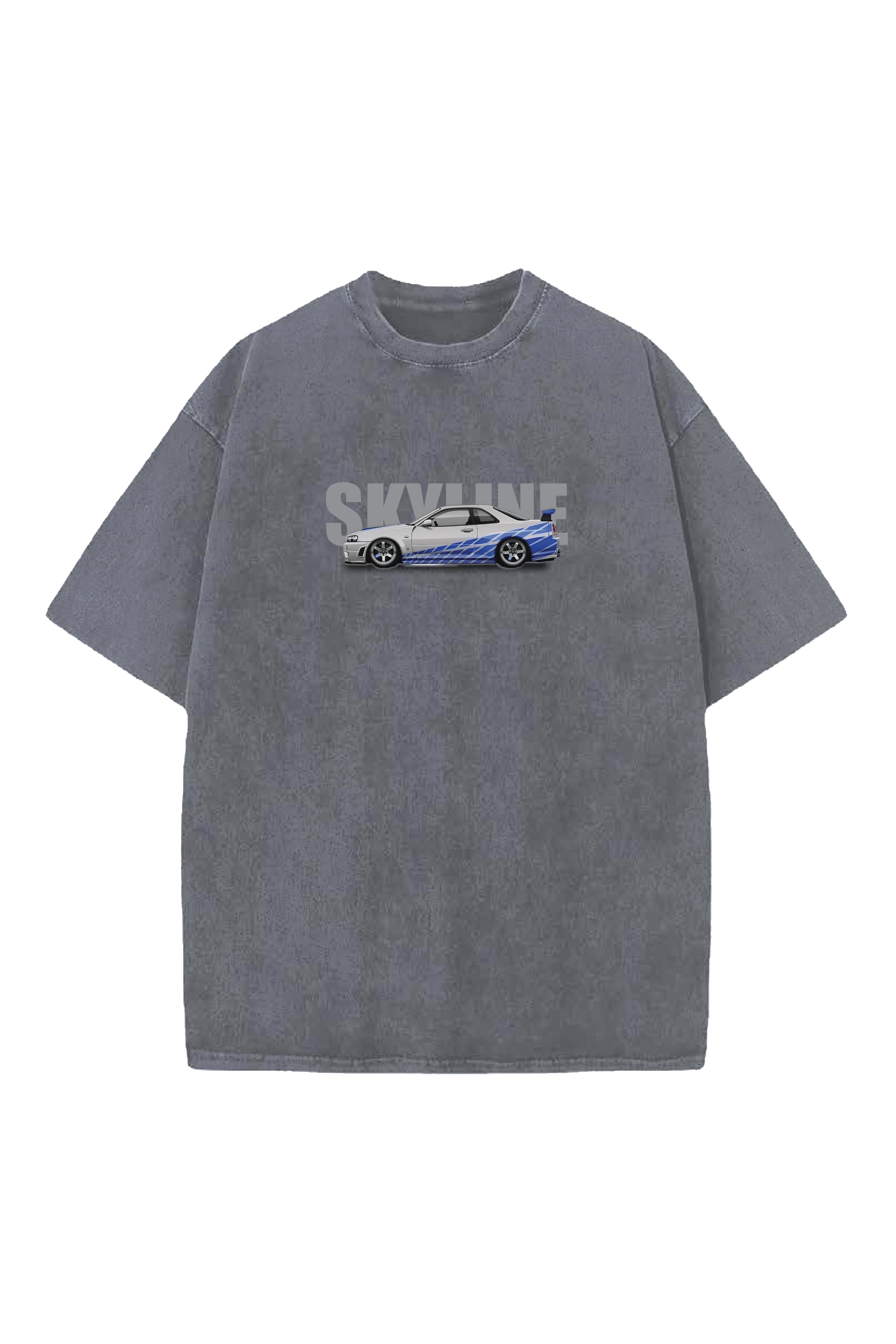 SKYLINE CARS DESIGNED ACID-WASH OVERSIZED T-SHIRT